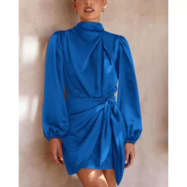 imageBTFBM Womens Long Sleeve Satin Dress 2023 Summer Fall Mock Neck Ruched Tie Waist Silky Cocktail Party Mini DressesSolid Brilliant Blue