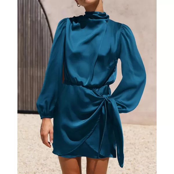 imageBTFBM Womens Long Sleeve Satin Dress 2023 Summer Fall Mock Neck Ruched Tie Waist Silky Cocktail Party Mini DressesSolid Dark Blue