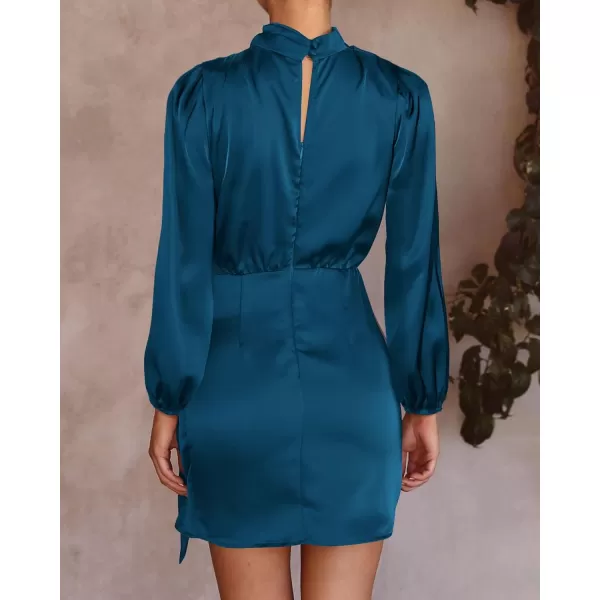 imageBTFBM Womens Long Sleeve Satin Dress 2023 Summer Fall Mock Neck Ruched Tie Waist Silky Cocktail Party Mini DressesSolid Dark Blue