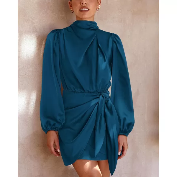 imageBTFBM Womens Long Sleeve Satin Dress 2023 Summer Fall Mock Neck Ruched Tie Waist Silky Cocktail Party Mini DressesSolid Dark Blue