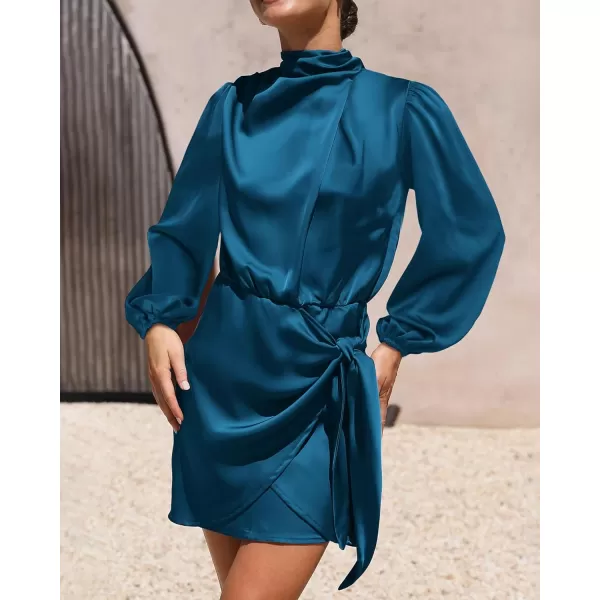 imageBTFBM Womens Long Sleeve Satin Dress 2023 Summer Fall Mock Neck Ruched Tie Waist Silky Cocktail Party Mini DressesSolid Dark Blue