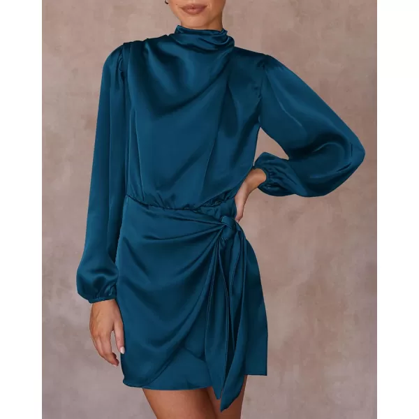 imageBTFBM Womens Long Sleeve Satin Dress 2023 Summer Fall Mock Neck Ruched Tie Waist Silky Cocktail Party Mini DressesSolid Dark Blue