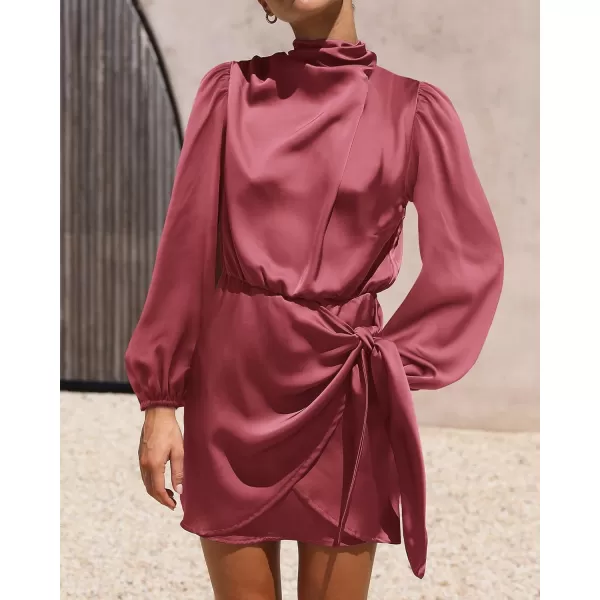 imageBTFBM Womens Long Sleeve Satin Dress 2023 Summer Fall Mock Neck Ruched Tie Waist Silky Cocktail Party Mini DressesSolid Dusty Pink