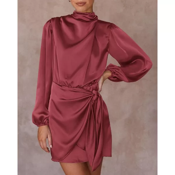 imageBTFBM Womens Long Sleeve Satin Dress 2023 Summer Fall Mock Neck Ruched Tie Waist Silky Cocktail Party Mini DressesSolid Dusty Pink