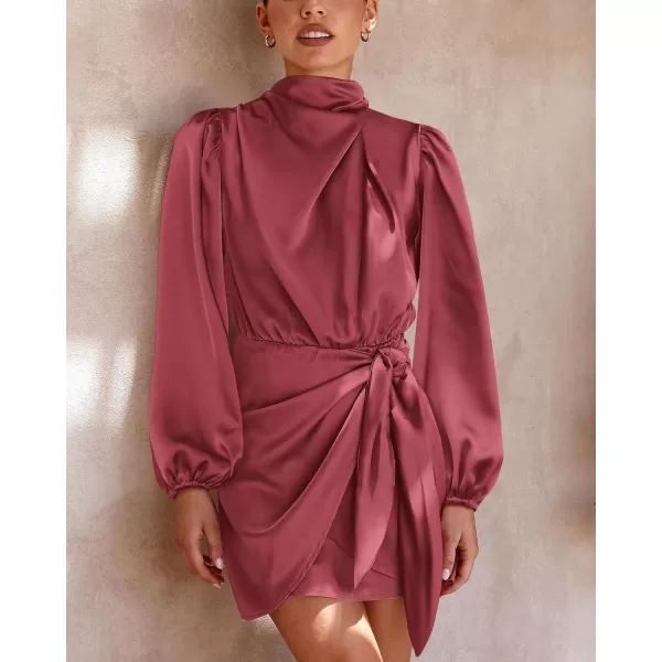 imageBTFBM Womens Long Sleeve Satin Dress 2023 Summer Fall Mock Neck Ruched Tie Waist Silky Cocktail Party Mini DressesSolid Dusty Pink