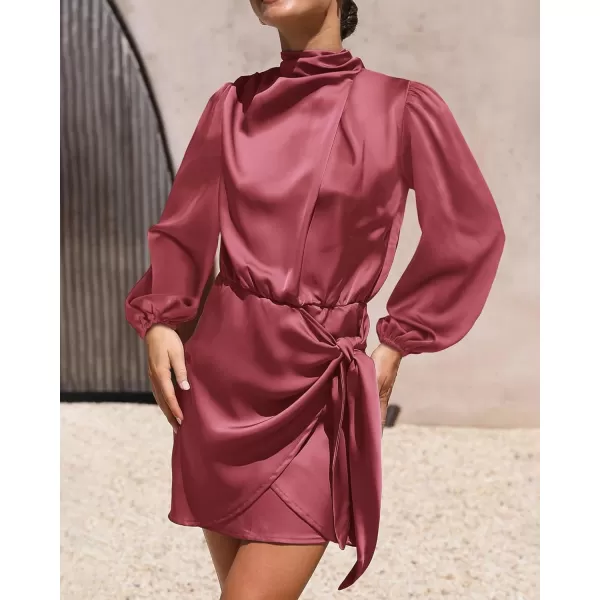 imageBTFBM Womens Long Sleeve Satin Dress 2023 Summer Fall Mock Neck Ruched Tie Waist Silky Cocktail Party Mini DressesSolid Dusty Pink