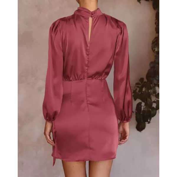 imageBTFBM Womens Long Sleeve Satin Dress 2023 Summer Fall Mock Neck Ruched Tie Waist Silky Cocktail Party Mini DressesSolid Dusty Pink