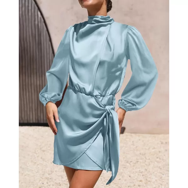imageBTFBM Womens Long Sleeve Satin Dress 2023 Summer Fall Mock Neck Ruched Tie Waist Silky Cocktail Party Mini DressesSolid Light Blue