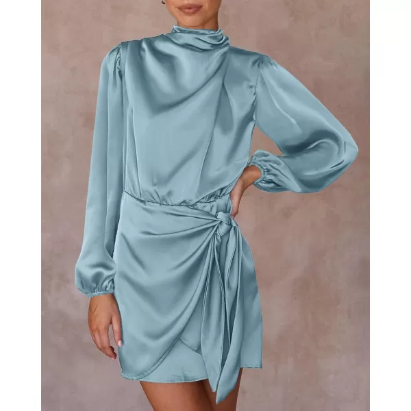 imageBTFBM Womens Long Sleeve Satin Dress 2023 Summer Fall Mock Neck Ruched Tie Waist Silky Cocktail Party Mini DressesSolid Light Blue