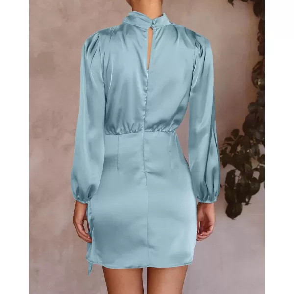 imageBTFBM Womens Long Sleeve Satin Dress 2023 Summer Fall Mock Neck Ruched Tie Waist Silky Cocktail Party Mini DressesSolid Light Blue