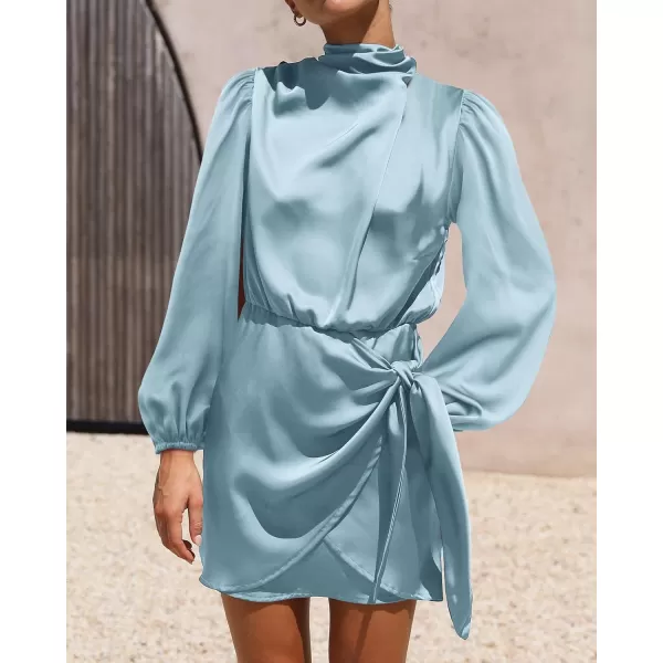 imageBTFBM Womens Long Sleeve Satin Dress 2023 Summer Fall Mock Neck Ruched Tie Waist Silky Cocktail Party Mini DressesSolid Light Blue