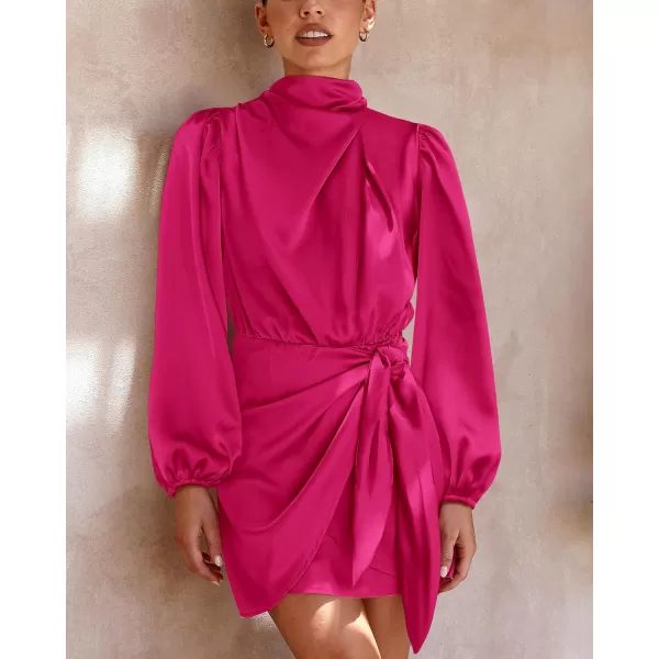 imageBTFBM Womens Long Sleeve Satin Dress 2023 Summer Fall Mock Neck Ruched Tie Waist Silky Cocktail Party Mini DressesSolid Rose Red
