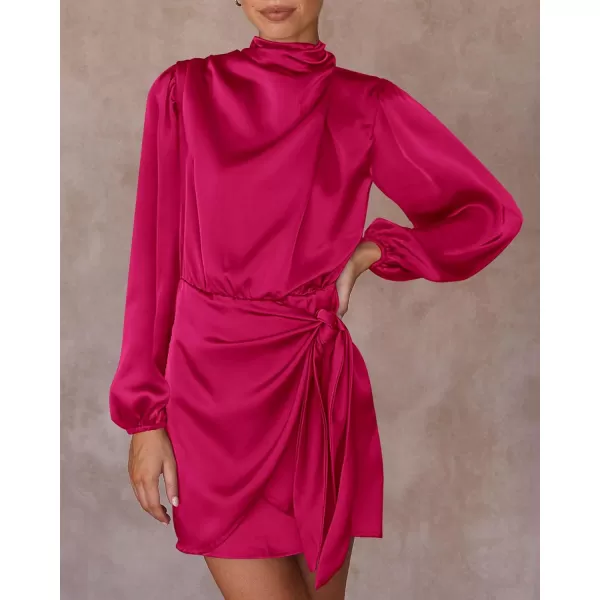 imageBTFBM Womens Long Sleeve Satin Dress 2023 Summer Fall Mock Neck Ruched Tie Waist Silky Cocktail Party Mini DressesSolid Rose Red