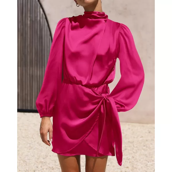 imageBTFBM Womens Long Sleeve Satin Dress 2023 Summer Fall Mock Neck Ruched Tie Waist Silky Cocktail Party Mini DressesSolid Rose Red