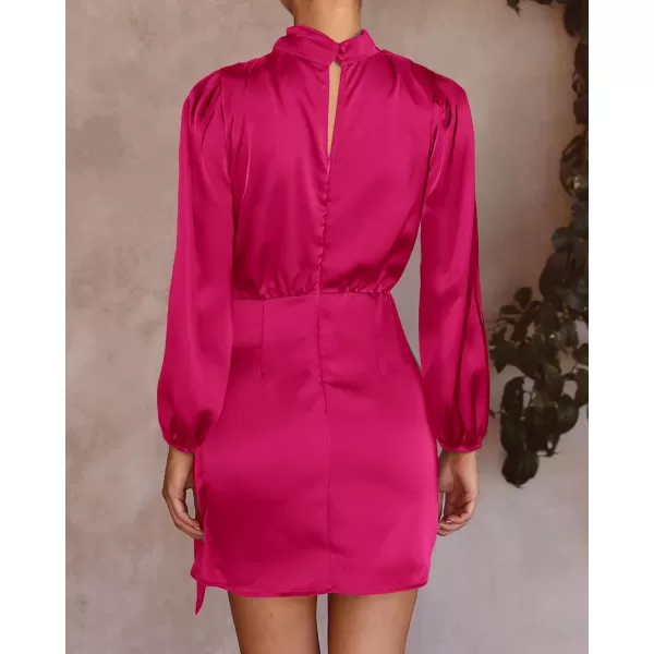 imageBTFBM Womens Long Sleeve Satin Dress 2023 Summer Fall Mock Neck Ruched Tie Waist Silky Cocktail Party Mini DressesSolid Rose Red