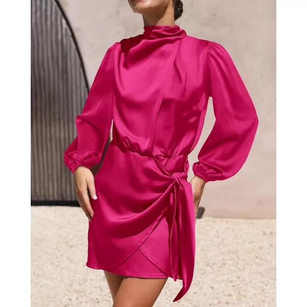imageBTFBM Womens Long Sleeve Satin Dress 2023 Summer Fall Mock Neck Ruched Tie Waist Silky Cocktail Party Mini DressesSolid Rose Red