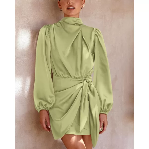 imageBTFBM Womens Long Sleeve Satin Dress 2023 Summer Fall Mock Neck Ruched Tie Waist Silky Cocktail Party Mini DressesSolid Tender Green