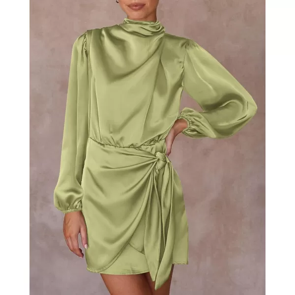 imageBTFBM Womens Long Sleeve Satin Dress 2023 Summer Fall Mock Neck Ruched Tie Waist Silky Cocktail Party Mini DressesSolid Tender Green