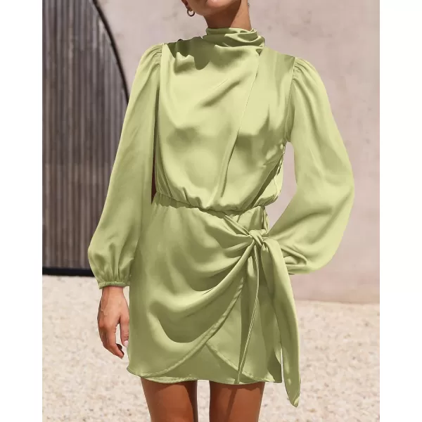 imageBTFBM Womens Long Sleeve Satin Dress 2023 Summer Fall Mock Neck Ruched Tie Waist Silky Cocktail Party Mini DressesSolid Tender Green