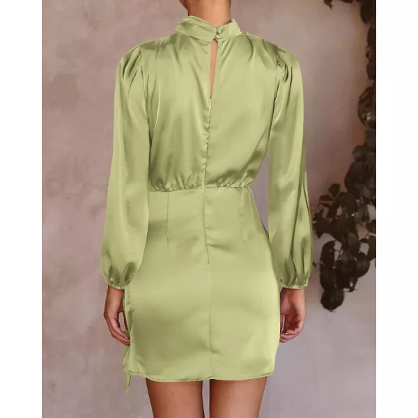 imageBTFBM Womens Long Sleeve Satin Dress 2023 Summer Fall Mock Neck Ruched Tie Waist Silky Cocktail Party Mini DressesSolid Tender Green