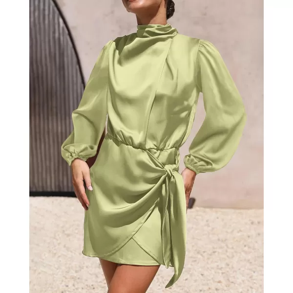 imageBTFBM Womens Long Sleeve Satin Dress 2023 Summer Fall Mock Neck Ruched Tie Waist Silky Cocktail Party Mini DressesSolid Tender Green