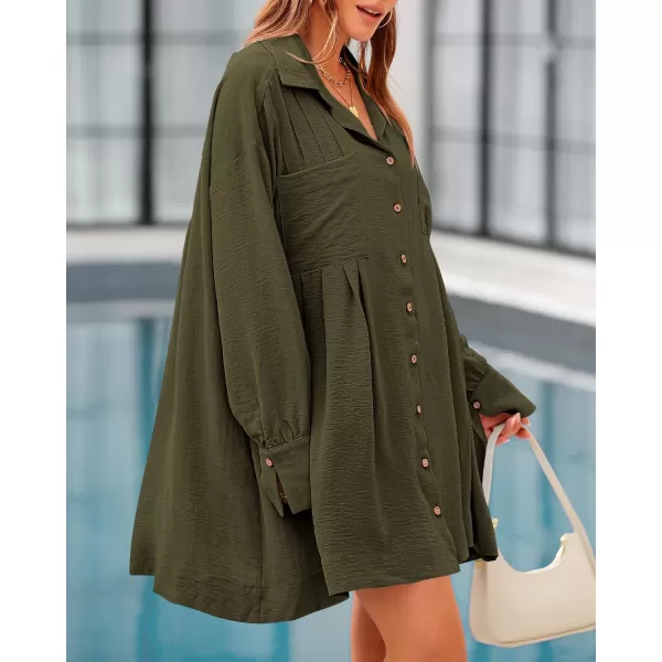 imageBTFBM Womens Long Sleeve Shirt Dresses Spring Summer Tops V Neck Pleated Flowy Casual Button Down Tunic Dress PocketsSolid Army Green
