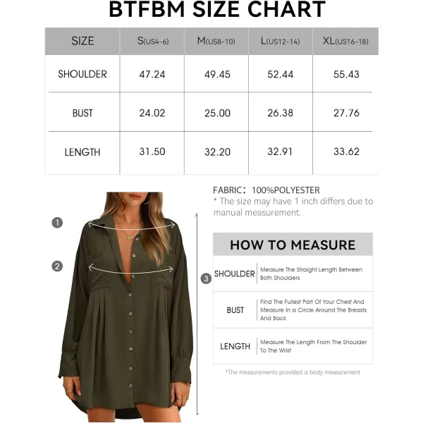 imageBTFBM Womens Long Sleeve Shirt Dresses Spring Summer Tops V Neck Pleated Flowy Casual Button Down Tunic Dress PocketsSolid Army Green