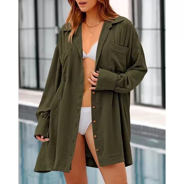 imageBTFBM Womens Long Sleeve Shirt Dresses Spring Summer Tops V Neck Pleated Flowy Casual Button Down Tunic Dress PocketsSolid Army Green