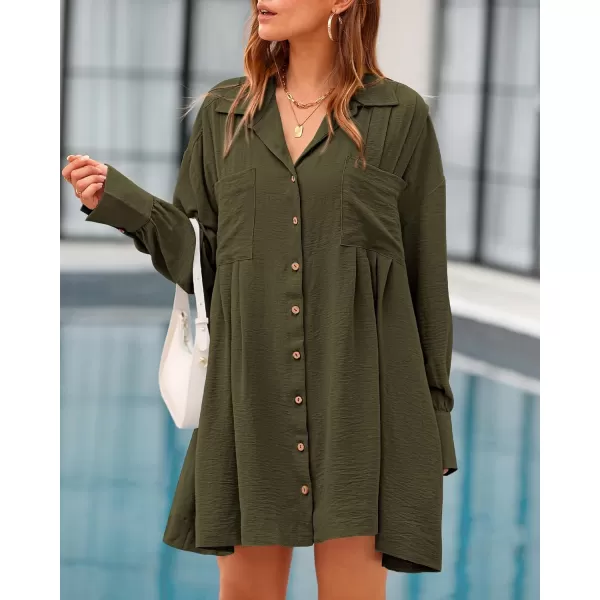 imageBTFBM Womens Long Sleeve Shirt Dresses Spring Summer Tops V Neck Pleated Flowy Casual Button Down Tunic Dress PocketsSolid Army Green
