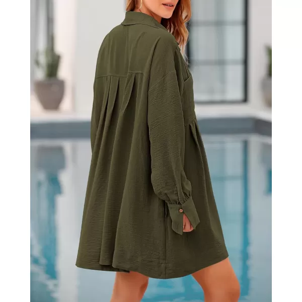 imageBTFBM Womens Long Sleeve Shirt Dresses Spring Summer Tops V Neck Pleated Flowy Casual Button Down Tunic Dress PocketsSolid Army Green