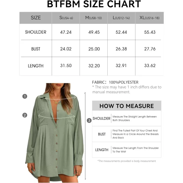 imageBTFBM Womens Long Sleeve Shirt Dresses Spring Summer Tops V Neck Pleated Flowy Casual Button Down Tunic Dress PocketsSolid Bean Green