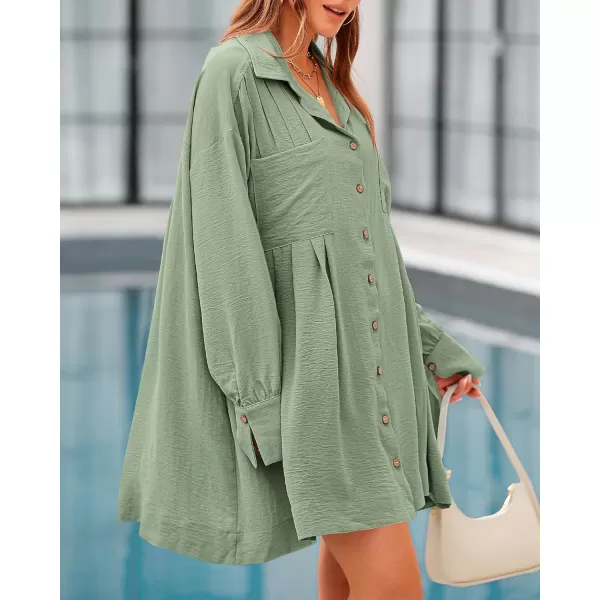 imageBTFBM Womens Long Sleeve Shirt Dresses Spring Summer Tops V Neck Pleated Flowy Casual Button Down Tunic Dress PocketsSolid Bean Green