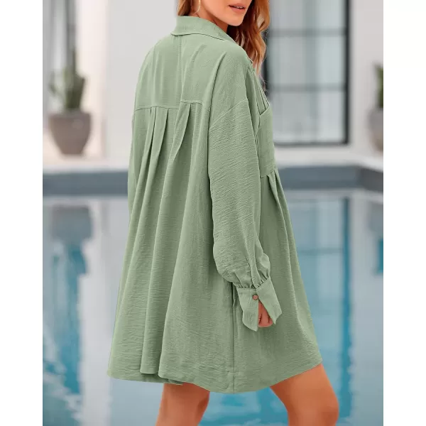 imageBTFBM Womens Long Sleeve Shirt Dresses Spring Summer Tops V Neck Pleated Flowy Casual Button Down Tunic Dress PocketsSolid Bean Green