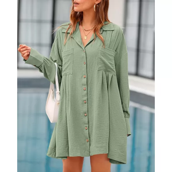 imageBTFBM Womens Long Sleeve Shirt Dresses Spring Summer Tops V Neck Pleated Flowy Casual Button Down Tunic Dress PocketsSolid Bean Green