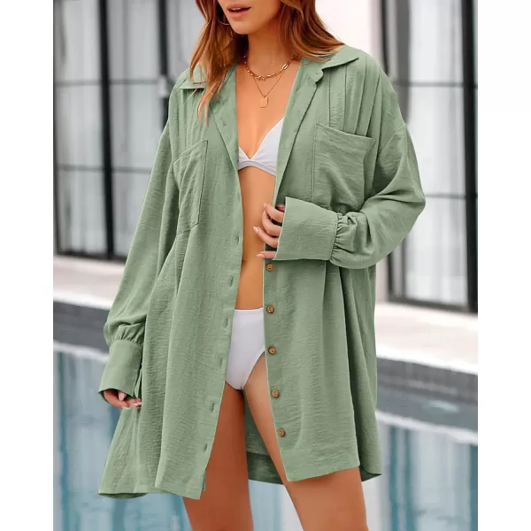 imageBTFBM Womens Long Sleeve Shirt Dresses Spring Summer Tops V Neck Pleated Flowy Casual Button Down Tunic Dress PocketsSolid Bean Green
