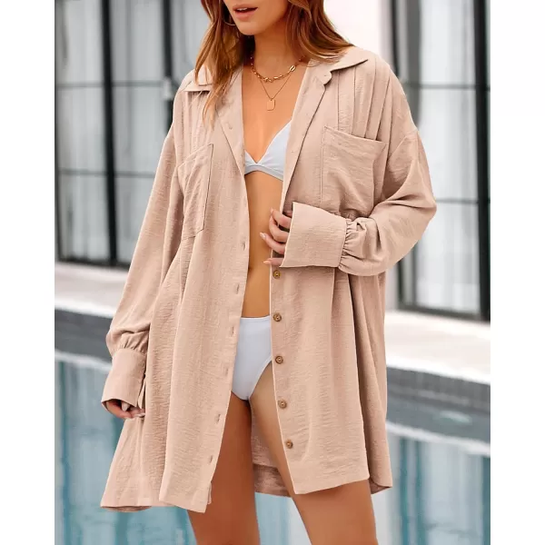 imageBTFBM Womens Long Sleeve Shirt Dresses Spring Summer Tops V Neck Pleated Flowy Casual Button Down Tunic Dress PocketsSolid Beige