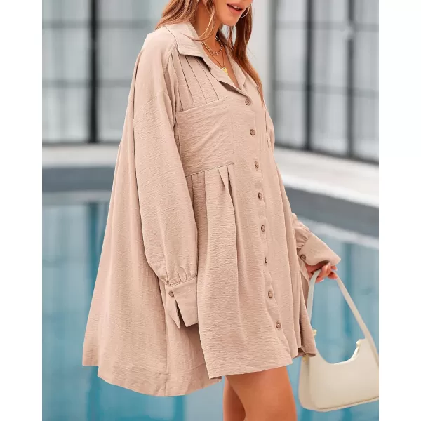 imageBTFBM Womens Long Sleeve Shirt Dresses Spring Summer Tops V Neck Pleated Flowy Casual Button Down Tunic Dress PocketsSolid Beige