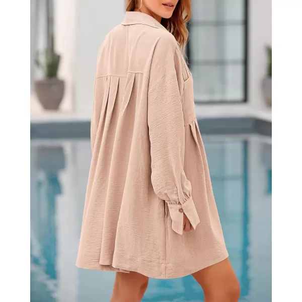 imageBTFBM Womens Long Sleeve Shirt Dresses Spring Summer Tops V Neck Pleated Flowy Casual Button Down Tunic Dress PocketsSolid Beige