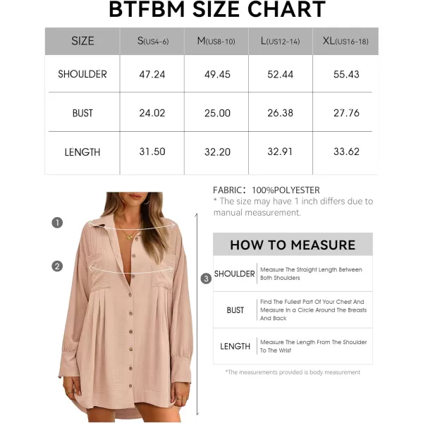 imageBTFBM Womens Long Sleeve Shirt Dresses Spring Summer Tops V Neck Pleated Flowy Casual Button Down Tunic Dress PocketsSolid Beige
