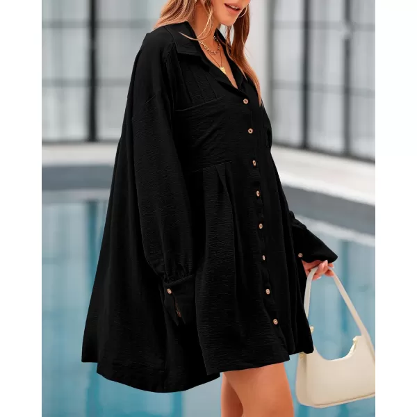 imageBTFBM Womens Long Sleeve Shirt Dresses Spring Summer Tops V Neck Pleated Flowy Casual Button Down Tunic Dress PocketsSolid Black