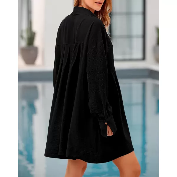 imageBTFBM Womens Long Sleeve Shirt Dresses Spring Summer Tops V Neck Pleated Flowy Casual Button Down Tunic Dress PocketsSolid Black