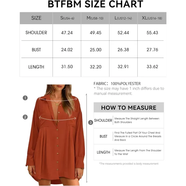imageBTFBM Womens Long Sleeve Shirt Dresses Spring Summer Tops V Neck Pleated Flowy Casual Button Down Tunic Dress PocketsSolid Brick Red