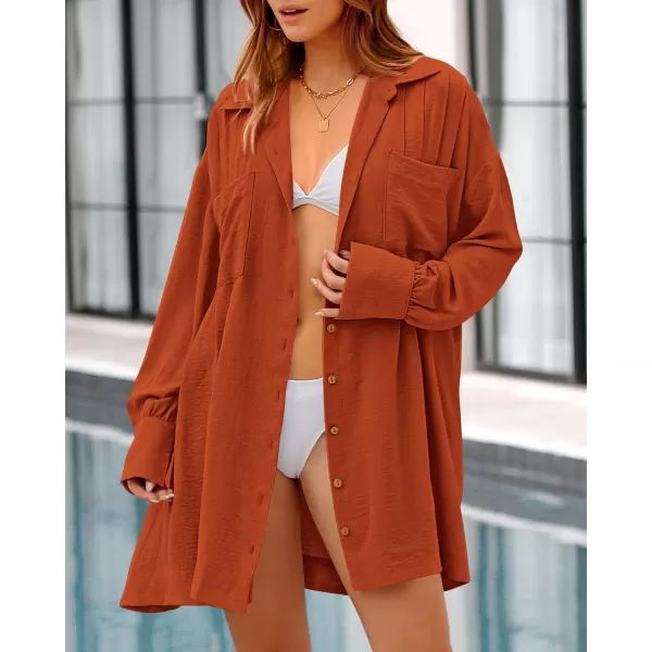 imageBTFBM Womens Long Sleeve Shirt Dresses Spring Summer Tops V Neck Pleated Flowy Casual Button Down Tunic Dress PocketsSolid Brick Red