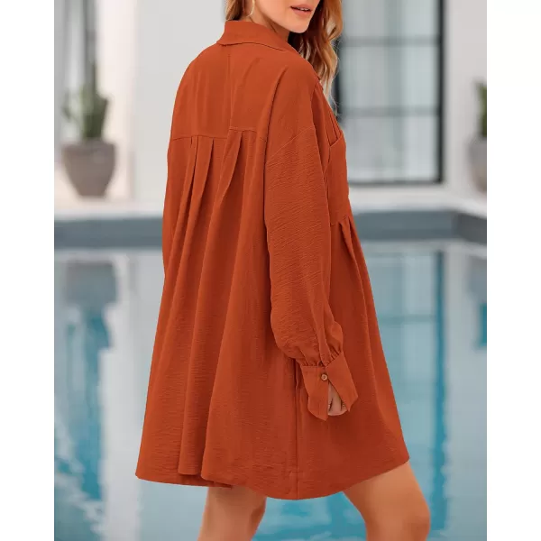 imageBTFBM Womens Long Sleeve Shirt Dresses Spring Summer Tops V Neck Pleated Flowy Casual Button Down Tunic Dress PocketsSolid Brick Red
