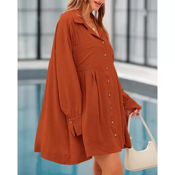 imageBTFBM Womens Long Sleeve Shirt Dresses Spring Summer Tops V Neck Pleated Flowy Casual Button Down Tunic Dress PocketsSolid Brick Red