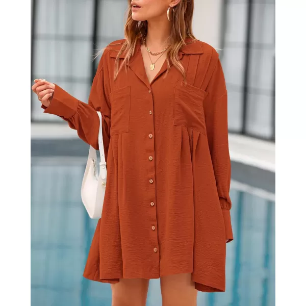imageBTFBM Womens Long Sleeve Shirt Dresses Spring Summer Tops V Neck Pleated Flowy Casual Button Down Tunic Dress PocketsSolid Brick Red