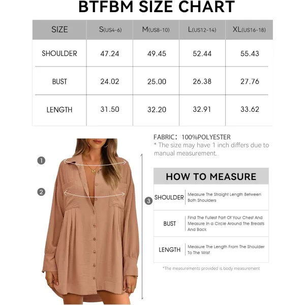 imageBTFBM Womens Long Sleeve Shirt Dresses Spring Summer Tops V Neck Pleated Flowy Casual Button Down Tunic Dress PocketsSolid Khaki