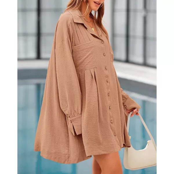 imageBTFBM Womens Long Sleeve Shirt Dresses Spring Summer Tops V Neck Pleated Flowy Casual Button Down Tunic Dress PocketsSolid Khaki