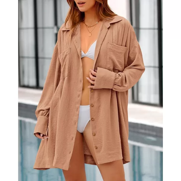 imageBTFBM Womens Long Sleeve Shirt Dresses Spring Summer Tops V Neck Pleated Flowy Casual Button Down Tunic Dress PocketsSolid Khaki