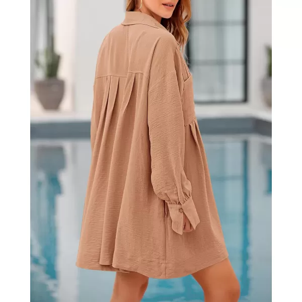 imageBTFBM Womens Long Sleeve Shirt Dresses Spring Summer Tops V Neck Pleated Flowy Casual Button Down Tunic Dress PocketsSolid Khaki